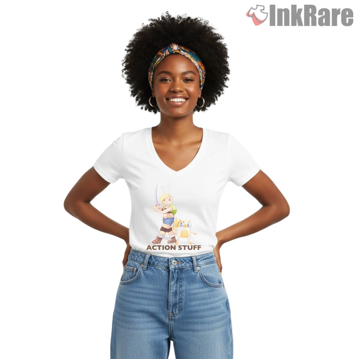 Fionna And Cake Hero Action Adventure Cartoon V Neck White Fionna And Cake Hero Action Adventure Cartoon Shirt on white v-neck shirt for women graphic tee