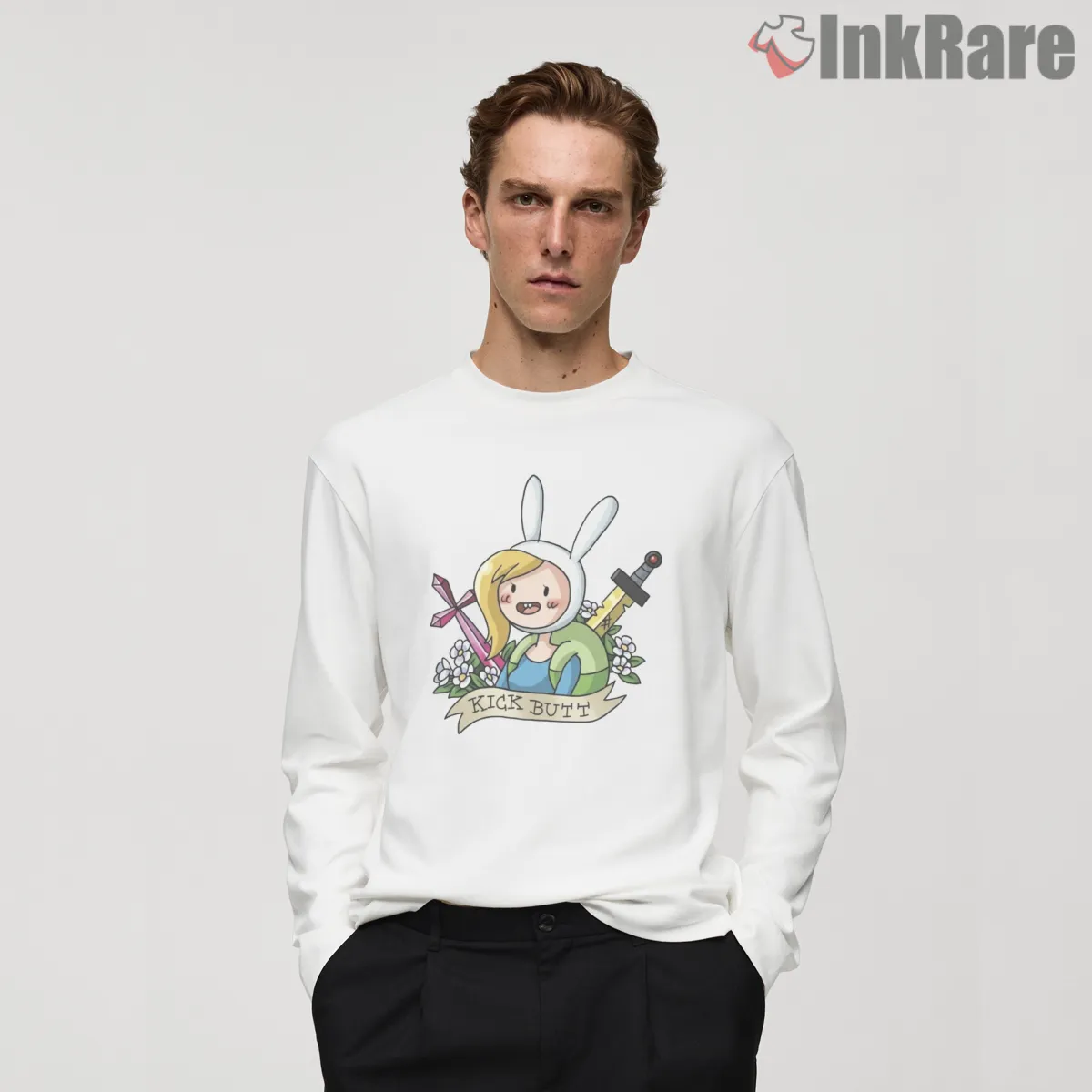 Fionna Kick Butt Traditional Tattoo Style Cartoon Long Sleeve White Fionna Kick Butt Traditional Tattoo Style Cartoon Shirt on white long sleeve shirt for men graphic tee