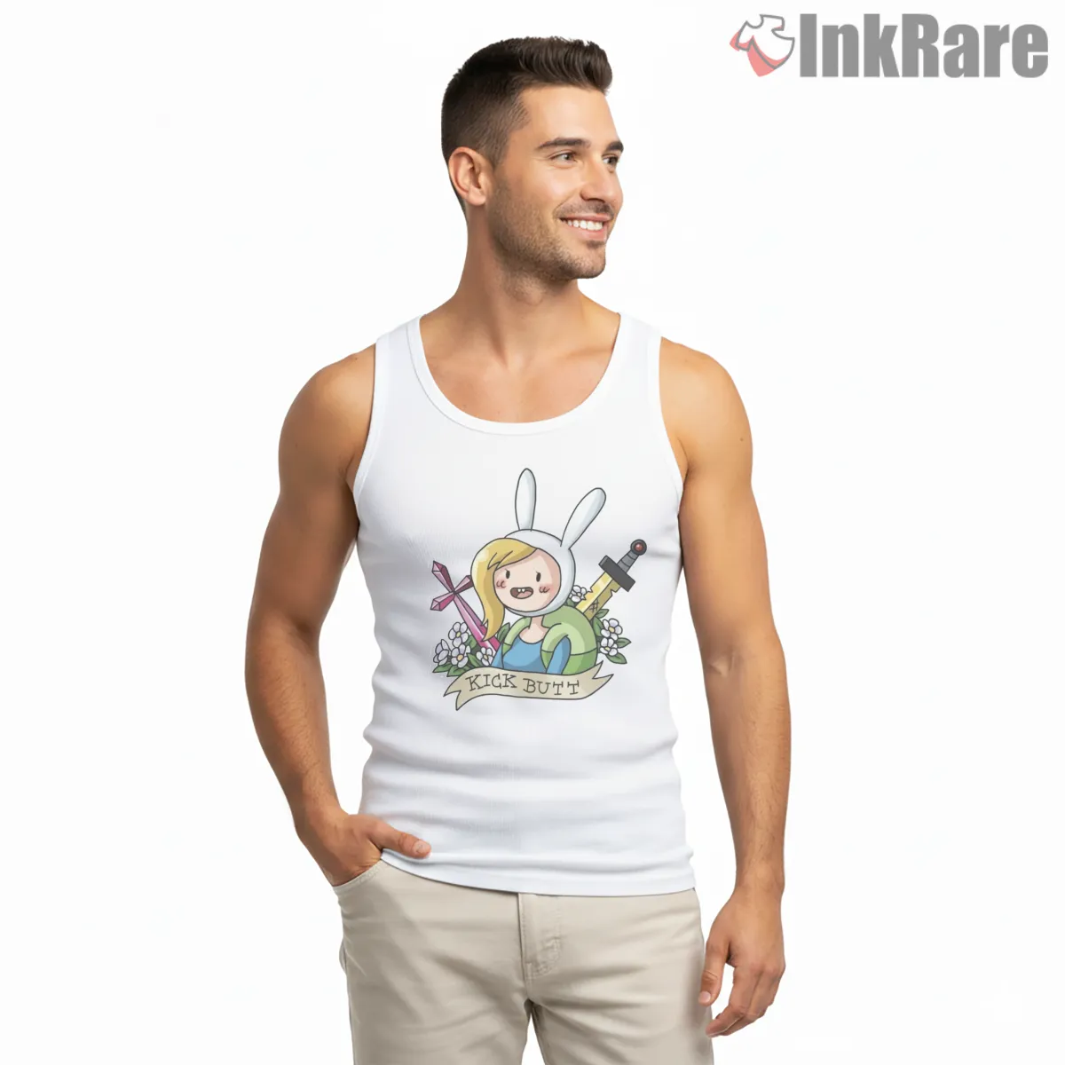 Fionna Kick Butt Traditional Tattoo Style Cartoon Tank Top White Fionna Kick Butt Traditional Tattoo Style Cartoon Shirt on white tank top for men graphic tee