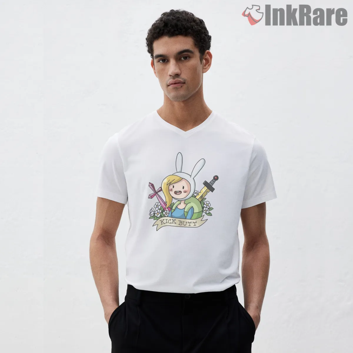 Fionna Kick Butt Traditional Tattoo Style Cartoon V Neck White Fionna Kick Butt Traditional Tattoo Style Cartoon Shirt on white v-neck shirt for men graphic tee