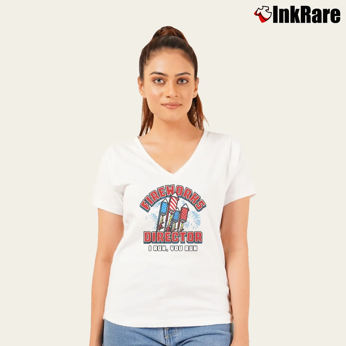 fireworks director i run you run Women’s V-Neck Tee in white – Flattering Fit Women’s fireworks director i run you run V-Neck Tee in white | Chic Neckline, Soft Texture