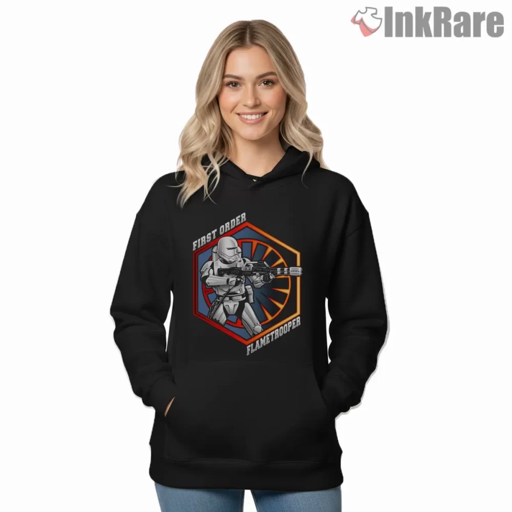 First Order Flametrooper Tactical Emblem Shirt on black hoodie for women graphic tee