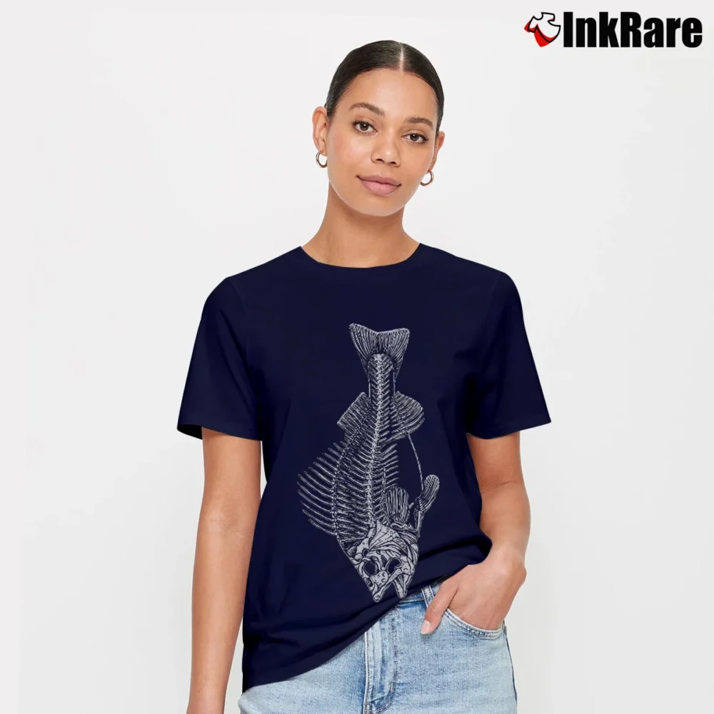Women’s Fish Skeleton 19 Humorous Graphic Signature T-Shirt in navy | Soft, Flattering Fit