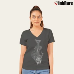 Women’s Fish Skeleton 19 Humorous Graphic V-Neck Tee in charcoal | Chic Neckline, Soft Texture