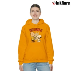 Women’s Fist Bump It Charlie Brown And Snoopy Cozy Hoodie in orange | Warm, Structured, Stylish