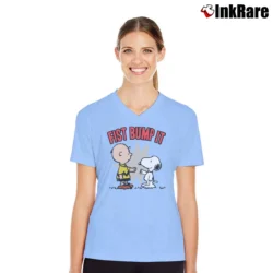 Women’s Fist Bump It Charlie Brown And Snoopy V-Neck Tee in light blue | Chic Neckline, Soft Texture