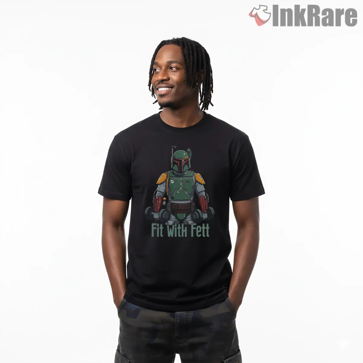 Fit With Fett Gym Humor Character Shirt on black short sleeve shirt for men graphic tee