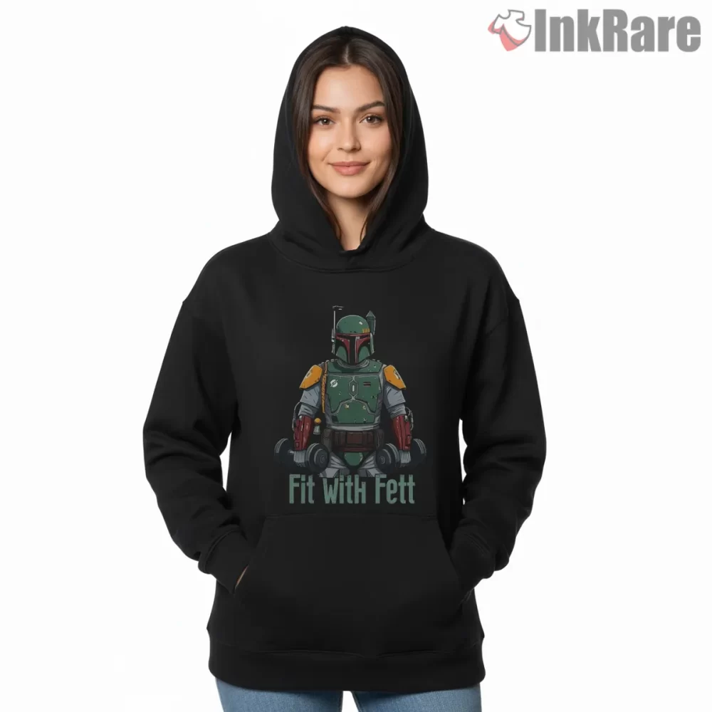 Fit With Fett Gym Humor Character Shirt on black hoodie for women graphic tee