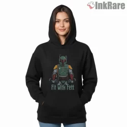 Fit With Fett Gym Humor Character Shirt on black hoodie for women graphic tee