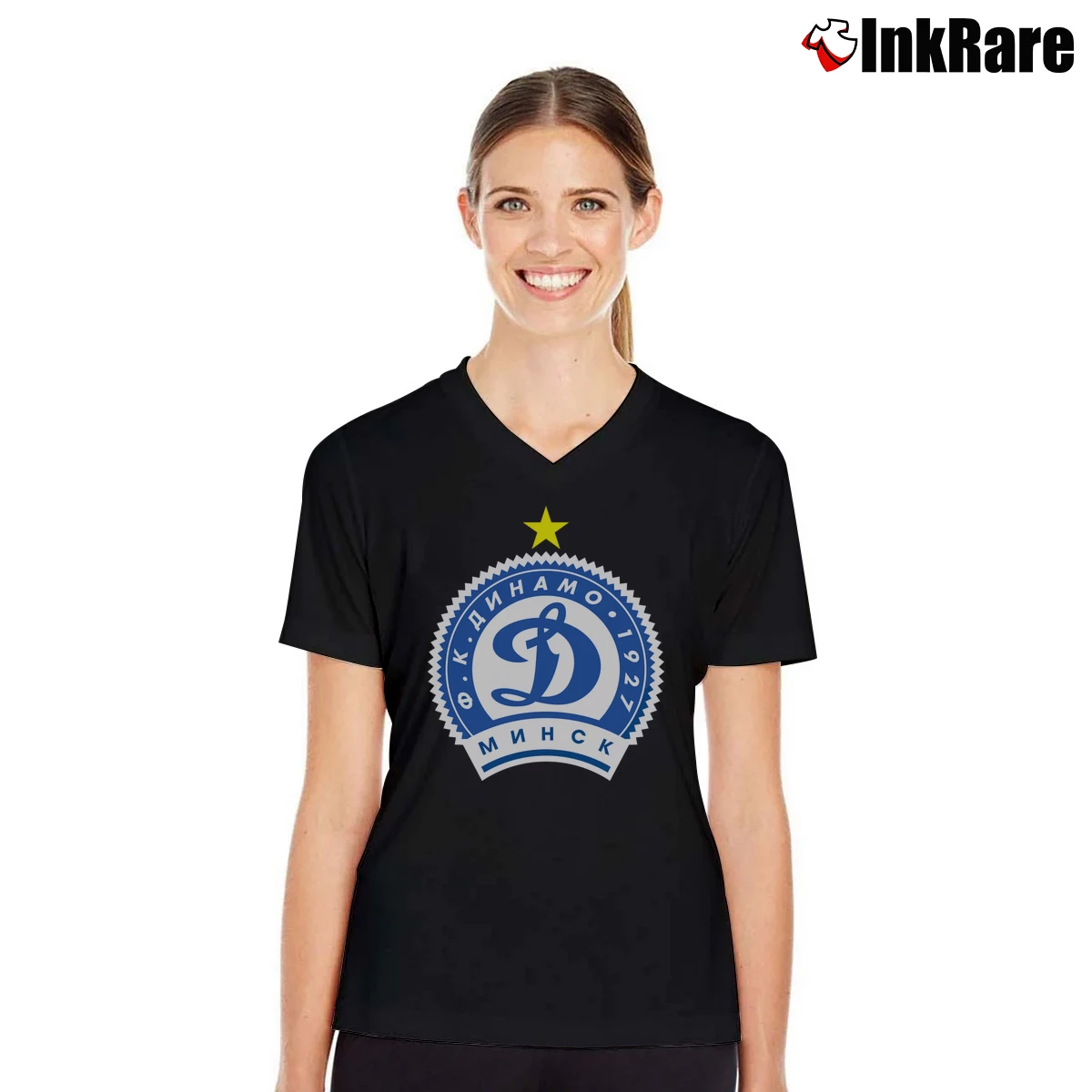 Women’s Fk Dinamo Minsk Belarus Soccer V-Neck Tee in black | Chic Neckline, Soft Texture