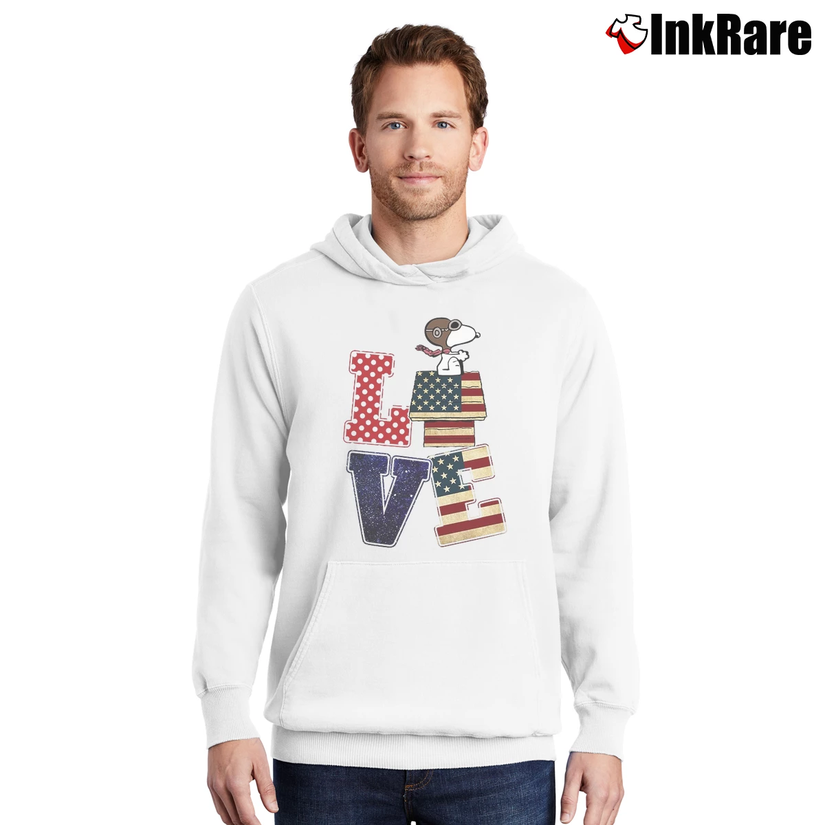 Flag Amercan Love Snoopy Men’s Pullover Hoodie in white – Ultimate Warmth Men’s Flag Amercan Love Snoopy Pullover Hoodie in white | Cozy, Durable, Modern Fit