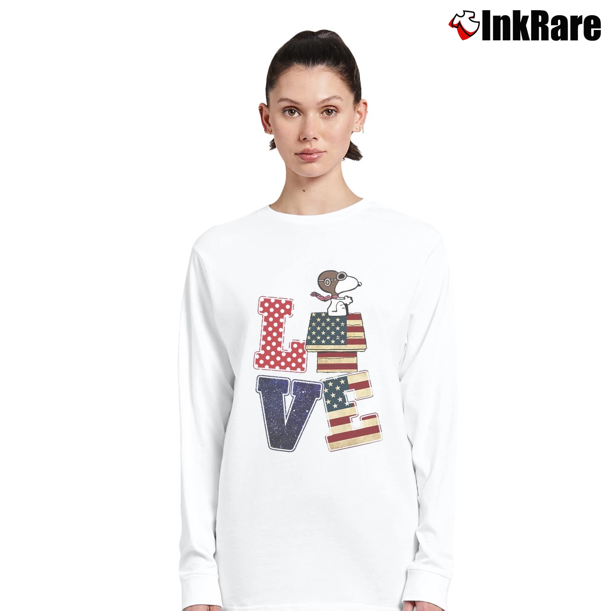 Flag Amercan Love Snoopy Women’s Long-Sleeve Top in white – Effortless Layer Women’s Flag Amercan Love Snoopy Long-Sleeve Top in white | Sleek, Versatile, All-Season