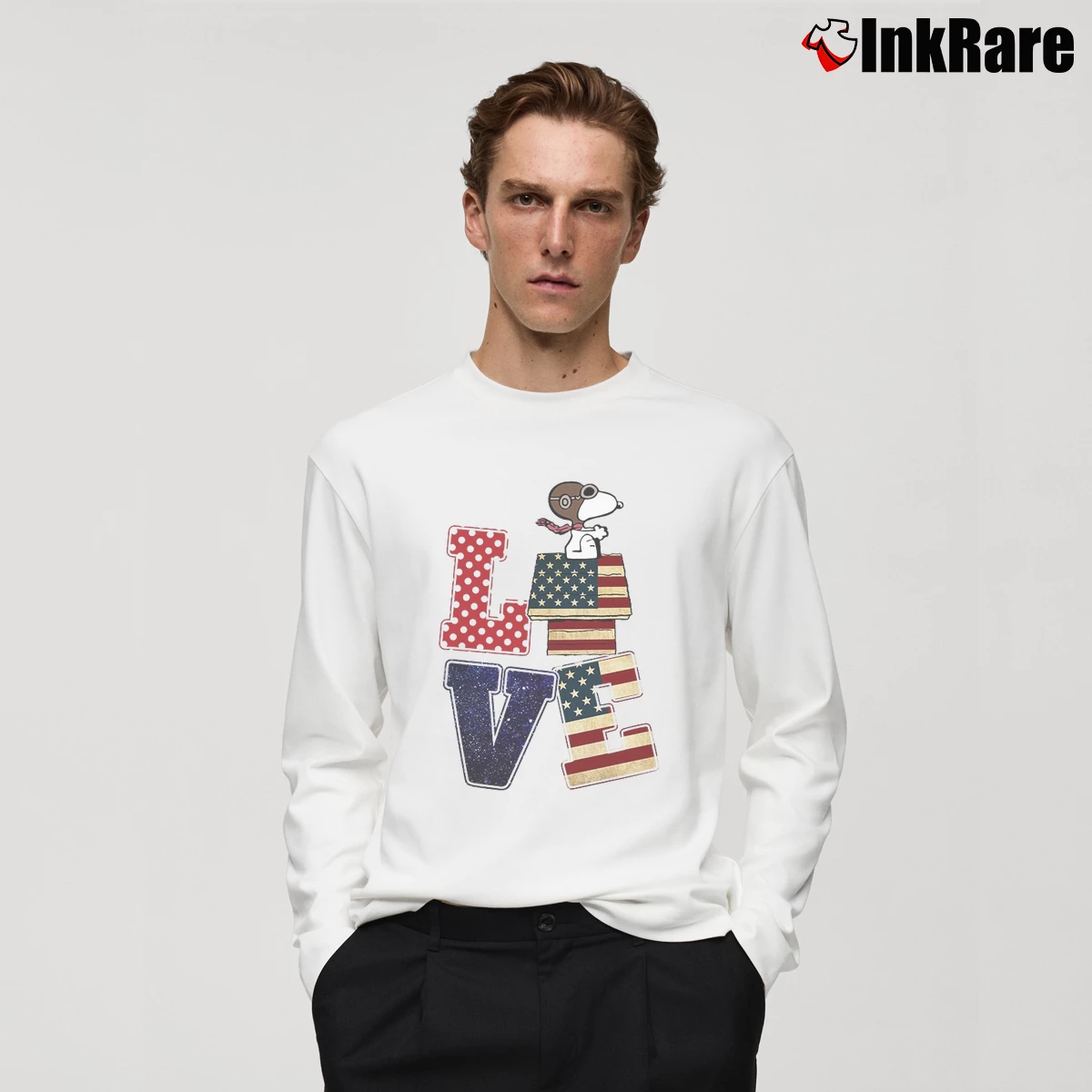 Flag Amercan Love Snoopy Men’s Long-Sleeve Tee in white – Versatile Layering Men’s Flag Amercan Love Snoopy Long-Sleeve Shirt in white | Sleek, Lightweight, Year-Round Wear