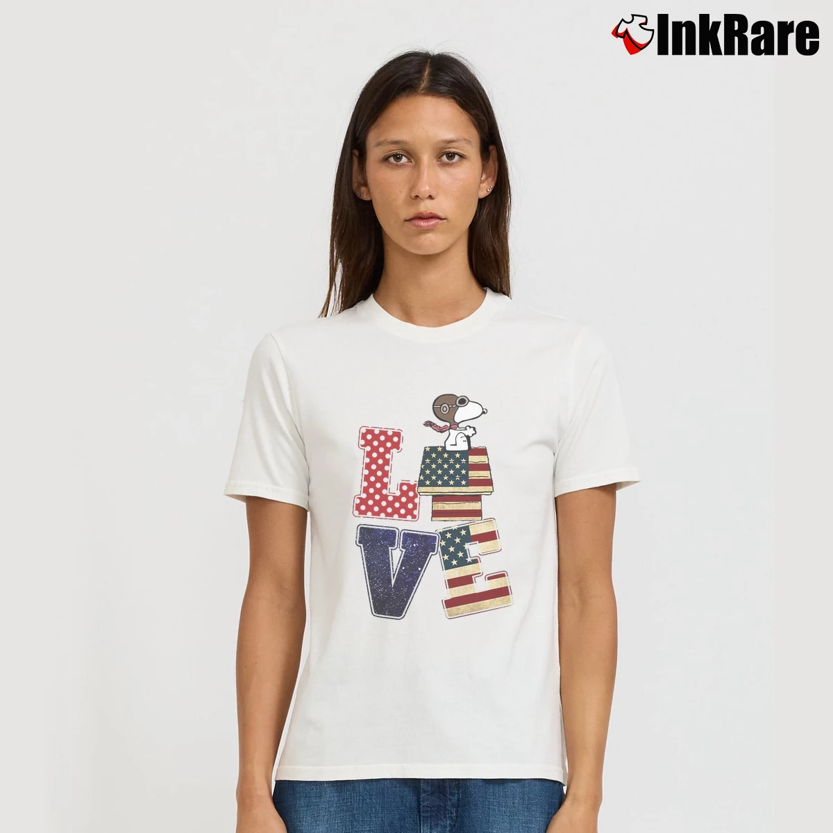 Flag Amercan Love Snoopy Women’s Tee in white – Effortless Style Women’s Flag Amercan Love Snoopy T-Shirt in white | Soft, Flattering Fit