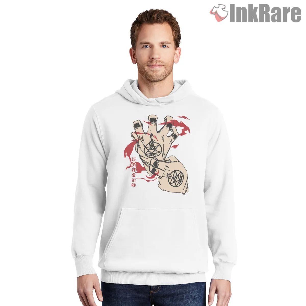 Flame Alchemist Hand Symbol Red Ink Minimal Anime Hoodie White Flame Alchemist Hand Symbol Red Ink Minimal Anime Shirt on white hoodie for men graphic tee