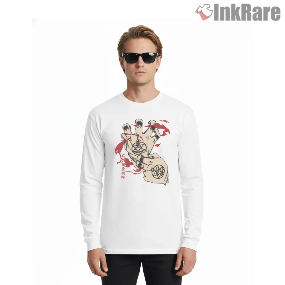 Flame Alchemist Hand Symbol Red Ink Minimal Anime Shirt on white long sleeve shirt for men graphic tee