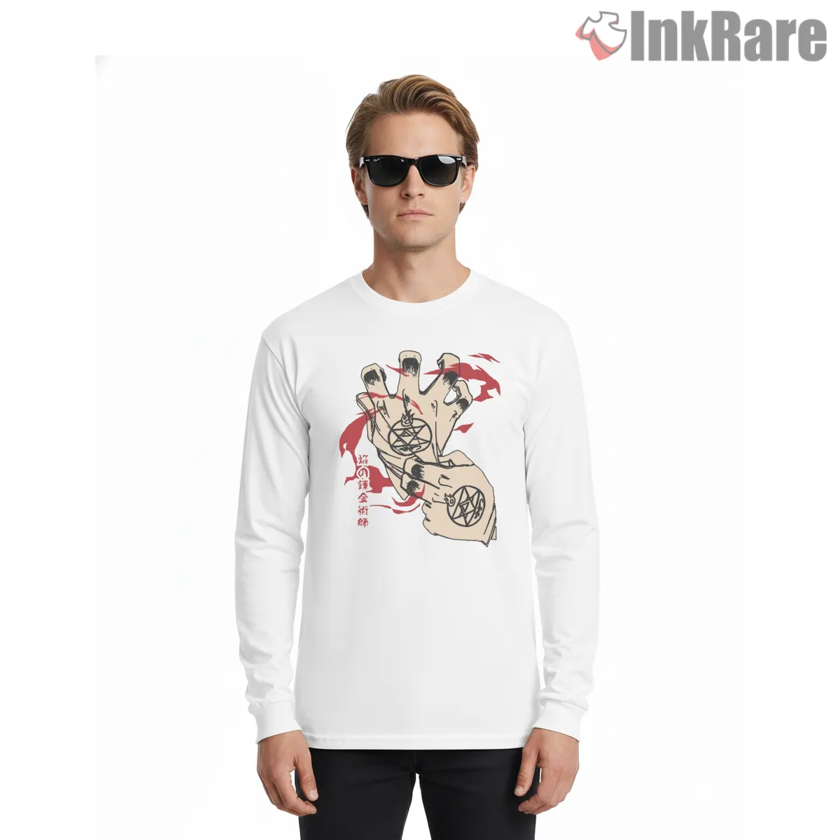 Flame Alchemist Hand Symbol Red Ink Minimal Anime Long Sleeve White Flame Alchemist Hand Symbol Red Ink Minimal Anime Shirt on white long sleeve shirt for men graphic tee