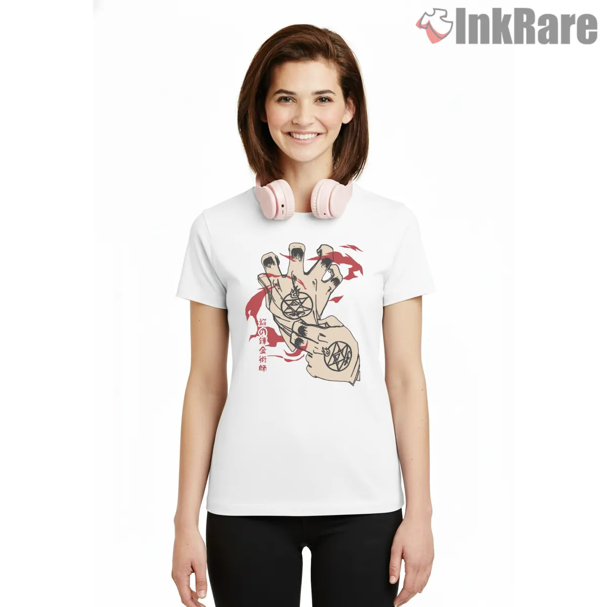 Flame Alchemist Hand Symbol Red Ink Minimal Anime Short Sleeve White Flame Alchemist Hand Symbol Red Ink Minimal Anime Shirt on white short sleeve shirt for women graphic tee