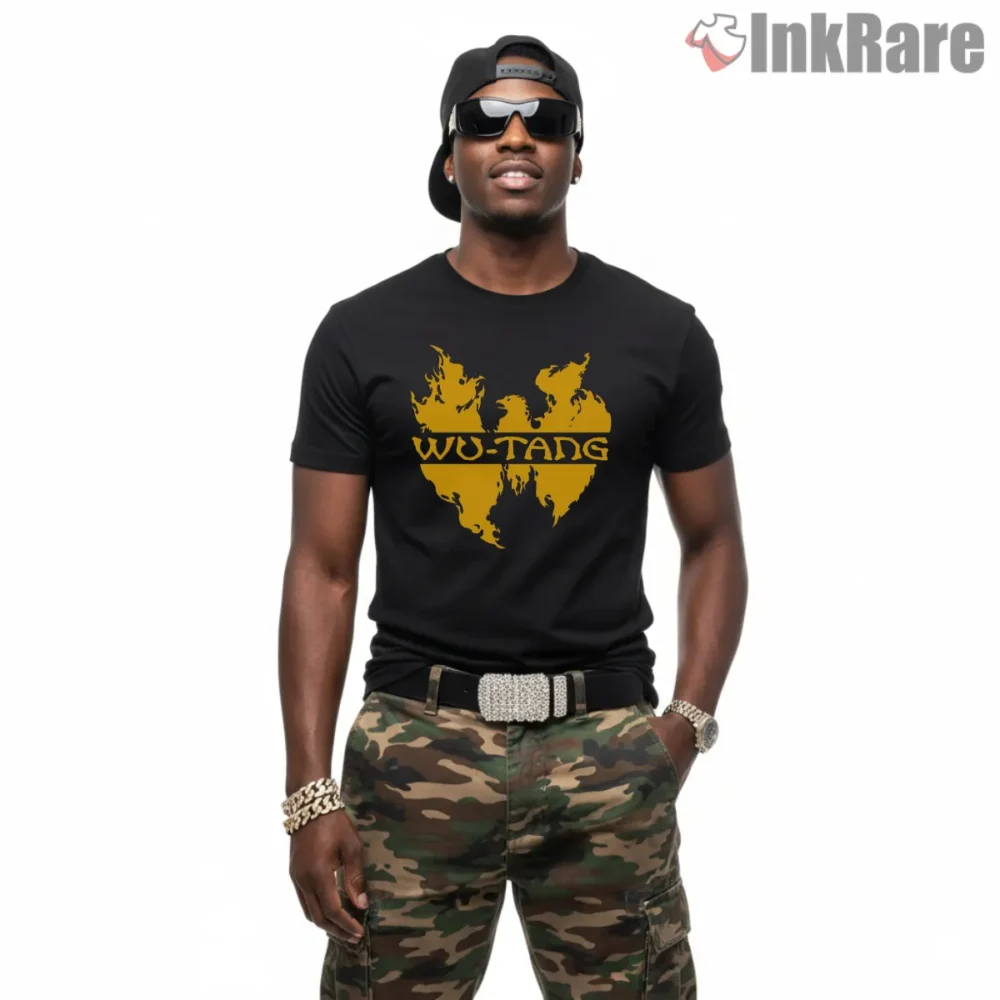 Flame Edge Wu Tang Clan Classic Logo Shirt on black short sleeve shirt for men graphic tee