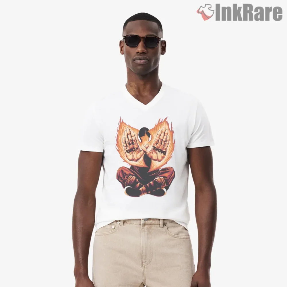 Flaming Shaolin Hands Wu Tang Tribute Shirt on white v-neck shirt for men graphic tee