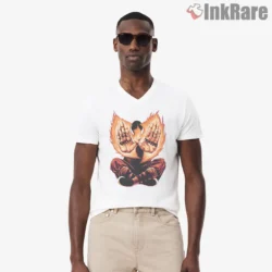 Flaming Shaolin Hands Wu Tang Tribute Shirt on white v-neck shirt for men graphic tee