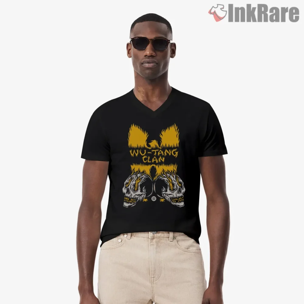 Flaming Skull Wu Tang Clan Streetwear Shirt on black v-neck shirt for men graphic tee