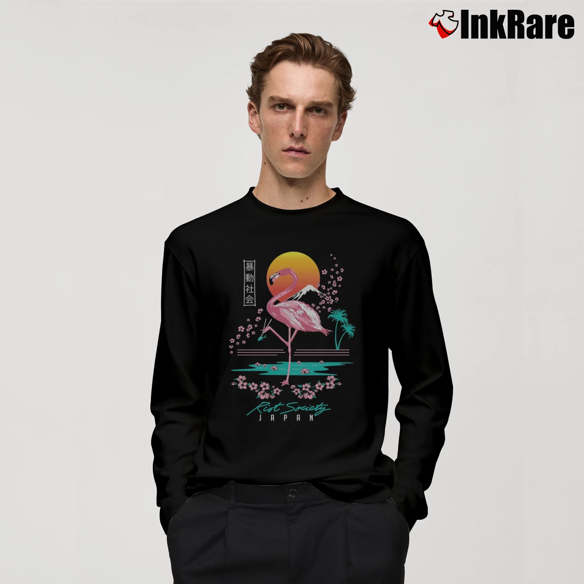 Men’s Flamingo Blossom Floral Graphic Long-Sleeve Shirt in black | Sleek, Lightweight, Year-Round Wear