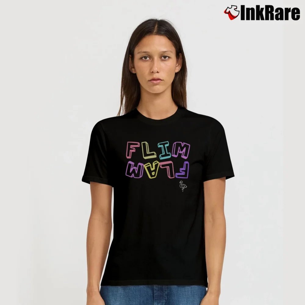 Women’s Flamingo Flim Flam Logo Colorful Signature T-Shirt in black | Soft, Flattering Fit