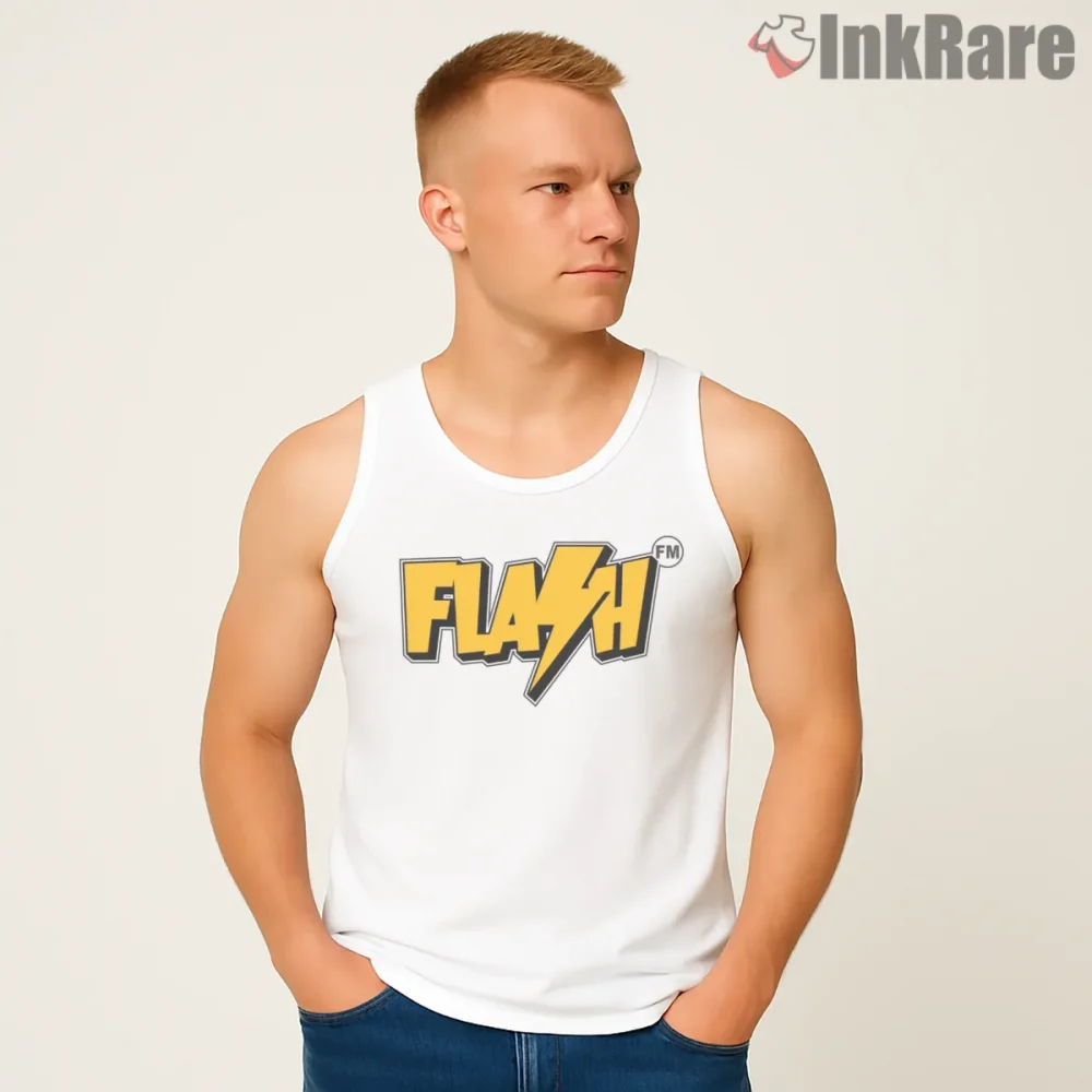 Flash Fm Lightning Logo Retro Radio Gta Shirt on white tank top for men graphic tee
