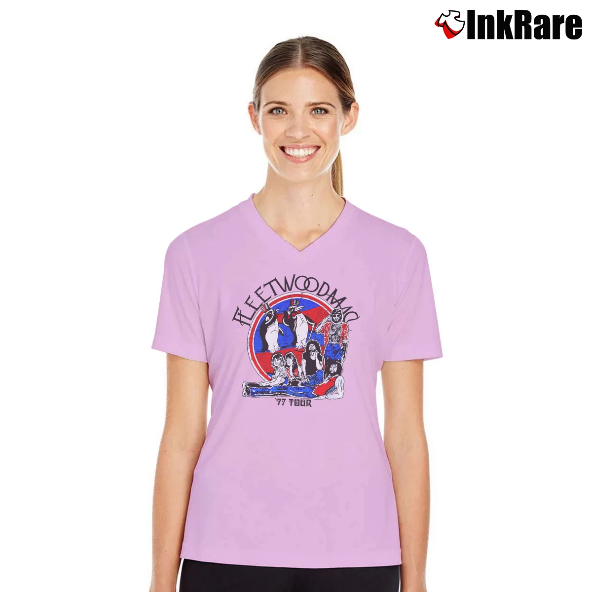 Fleetwood Mac 77 Tour Women’s V-Neck Tee in light pink – Flattering Fit Women’s Fleetwood Mac 77 Tour V-Neck Tee in light pink | Chic Neckline, Soft Texture