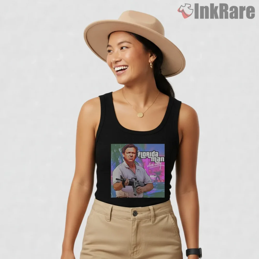 Florida Man Vice City Style Political Parody Gta Shirt on black tank top for women graphic tee