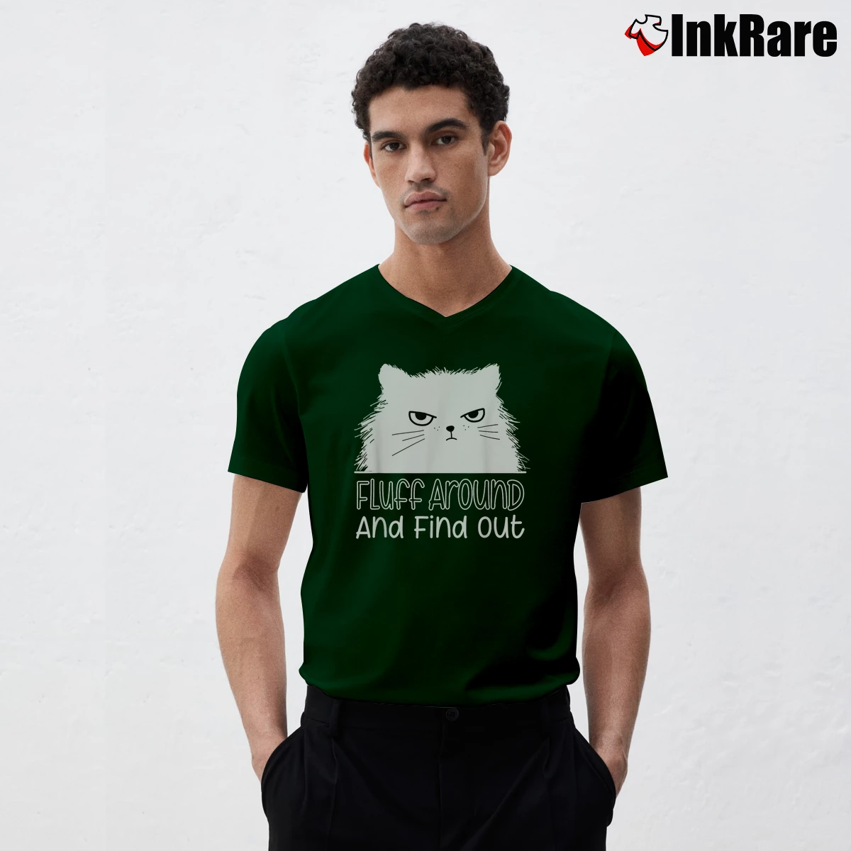 Men’s Fluff Around And Find Out Funny Cat V-Neck Tee in forest green | Sharp, Breathable, Everyday Staple