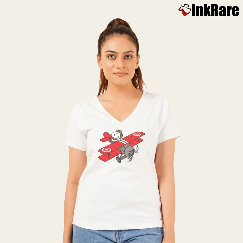 Women’s Flying Ace Snoopy V-Neck Tee in white | Chic Neckline, Soft Texture
