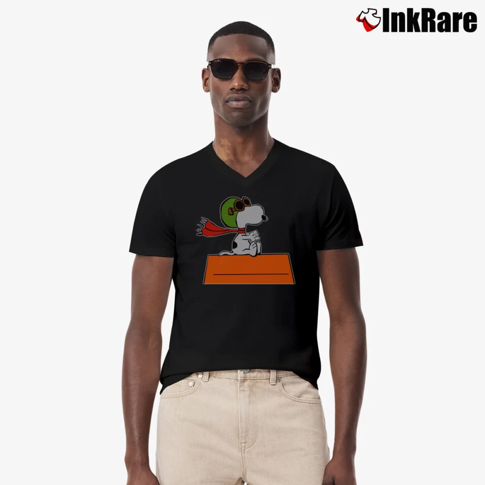 Men’s Flying Snoopy Red Baron Pilot Peanuts House V-Neck Tee in black | Sharp, Breathable, Everyday Staple