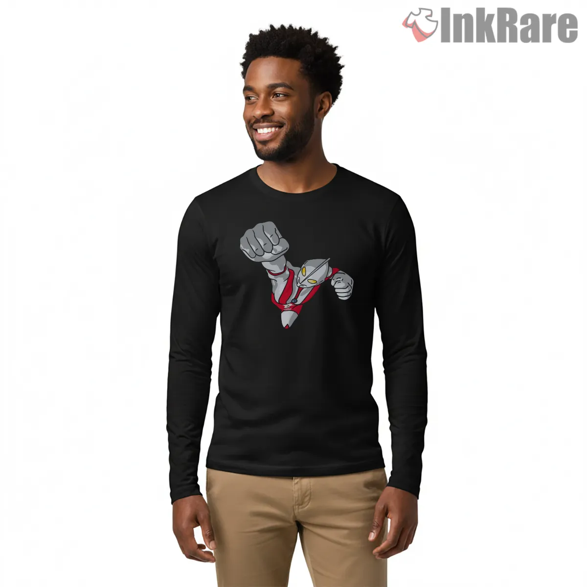 Flying Ultraman Classic Hero Punch Long Sleeve Black Flying Ultraman Classic Hero Punch Shirt on black long sleeve shirt for men graphic tee
