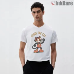 Fnix The Cat Fire Spirit Mascot Shirt on white v-neck shirt for men graphic tee