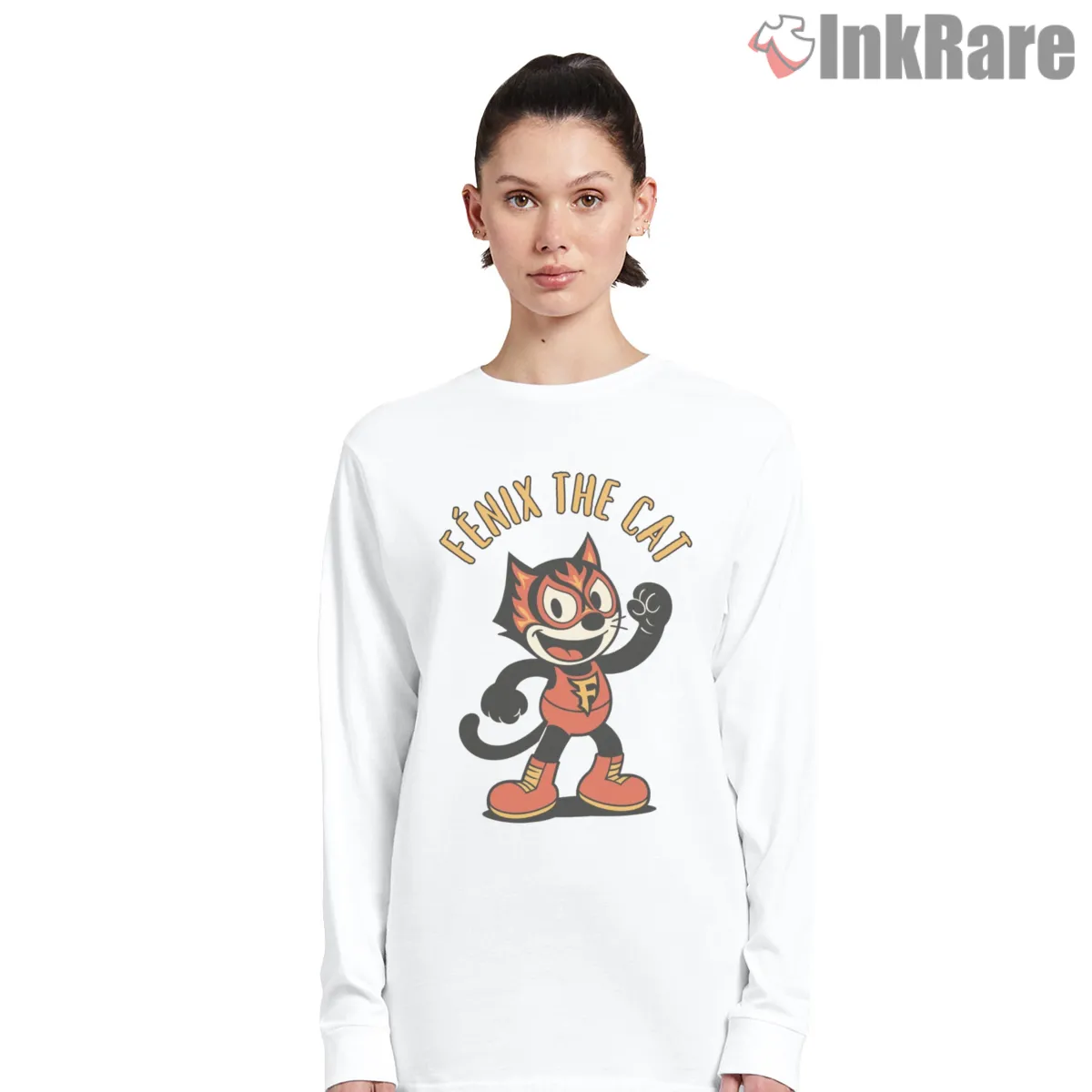 Fnix The Cat Fire Spirit Mascot Long Sleeve White Fnix The Cat Fire Spirit Mascot Shirt on white long sleeve shirt for women graphic tee