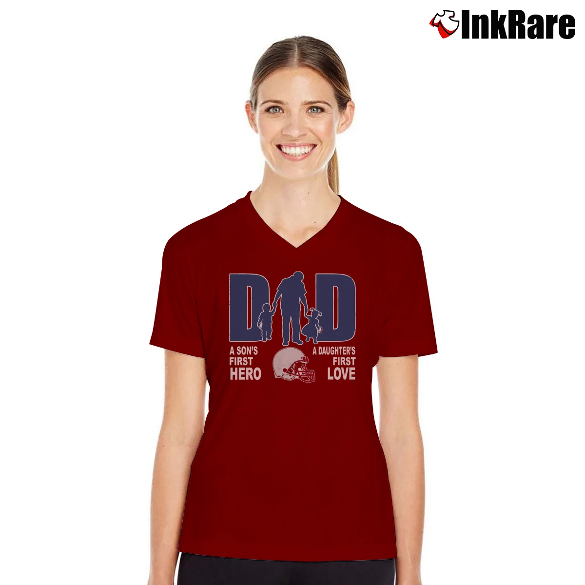 Football Dad Sons First Hero Daughters Love Patriots Fathers Day Women’s V-Neck Tee in maroon – Flattering Fit Women’s Football Dad Sons First Hero Daughters Love Patriots Fathers Day V-Neck Tee in maroon | Chic Neckline, Soft Texture