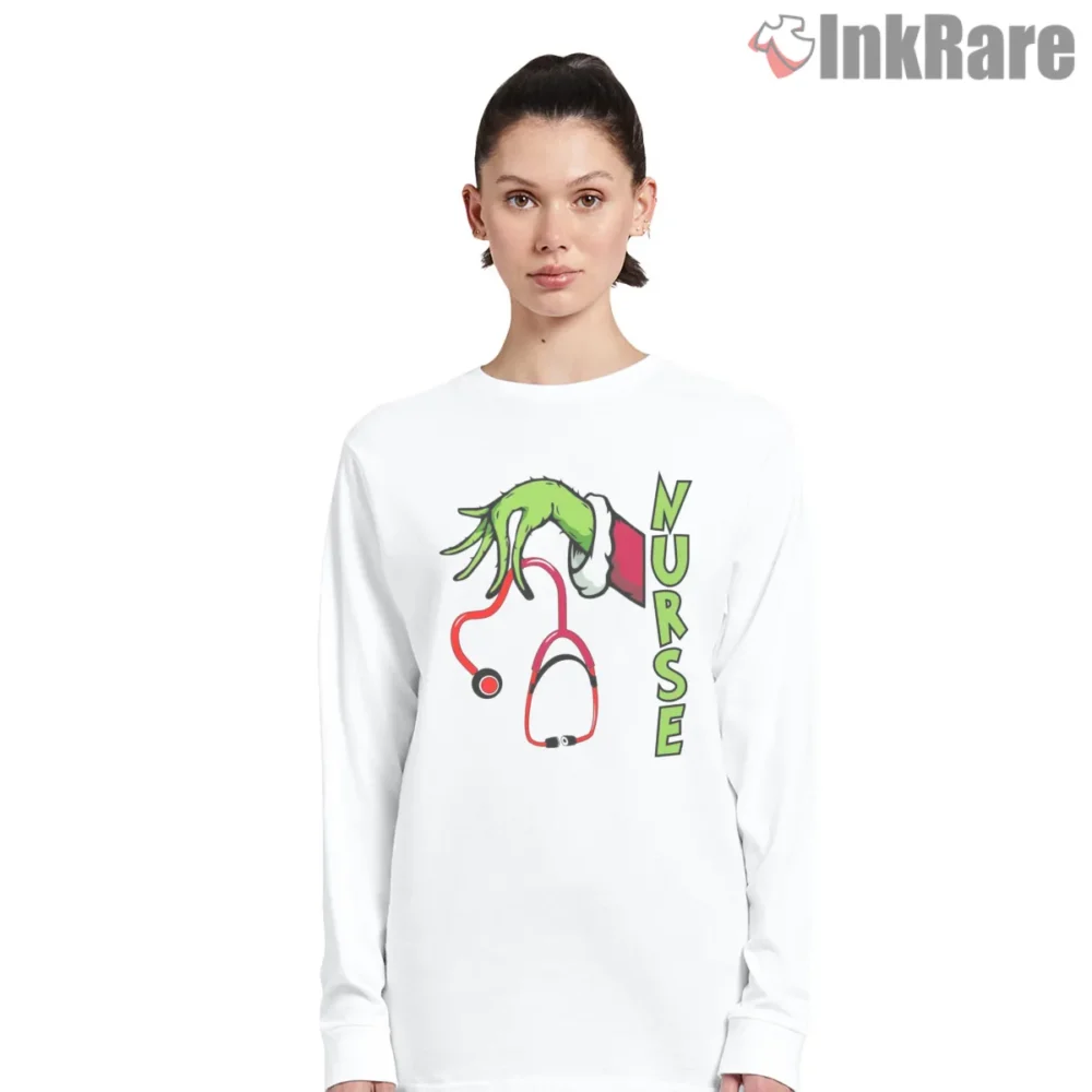 For All The Nurses Grinch Hand Stethoscope Shirt on white long sleeve shirt for women graphic tee