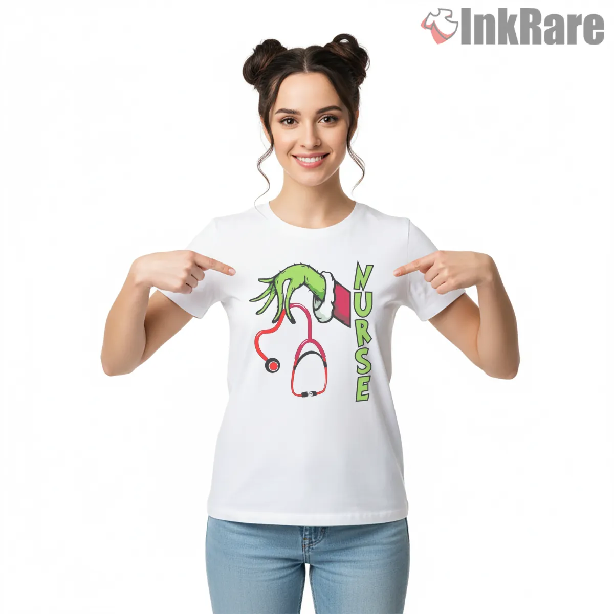 For All The Nurses Grinch Hand Stethoscope Shirt on white short sleeve shirt for women graphic tee