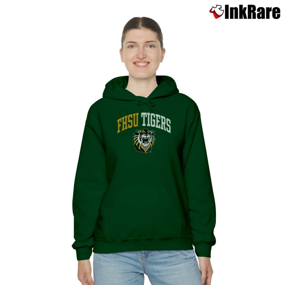 Women’s Fort Hays State Tigers Arch Mascot Cozy Hoodie in forest green | Warm, Structured, Stylish