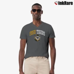 Men’s Fort Hays State Tigers Arch Mascot V-Neck Tee in charcoal | Sharp, Breathable, Everyday Staple