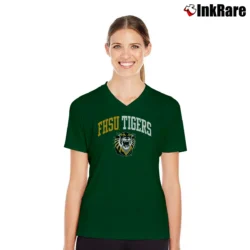 Women’s Fort Hays State Tigers Arch Mascot V-Neck Tee in forest green | Chic Neckline, Soft Texture