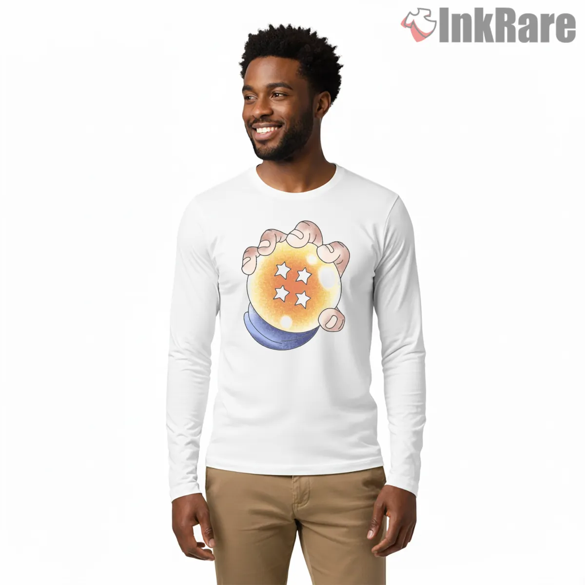 Four Star Dragon Ball Hand Illustration Long Sleeve White Four Star Dragon Ball Hand Illustration Shirt on white long sleeve shirt for men graphic tee