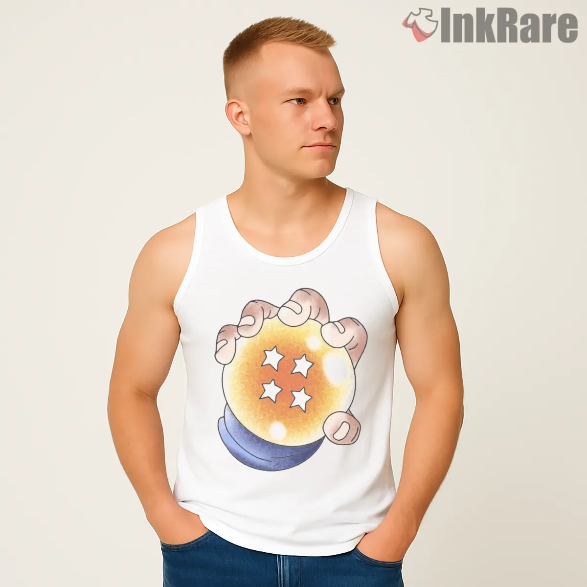 Four Star Dragon Ball Hand Illustration Tank Top White Four Star Dragon Ball Hand Illustration Shirt on white tank top for men graphic tee