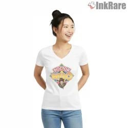 Fourth Doctor Classic Logo Cartoon Retro Shirt on white v-neck shirt for women graphic tee