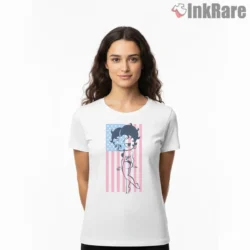 Fourth Of July Flag Silhouette Betty Boop Beach Shirt on white short sleeve shirt for women graphic tee