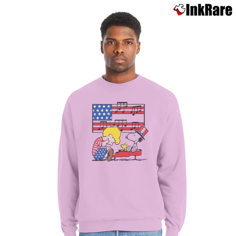 Men’s Fourth Of July Schroeder Playing Piano Woodstock And Snoopy Crewneck Sweatshirt in light pink | Cozy Fabric, Clean Style