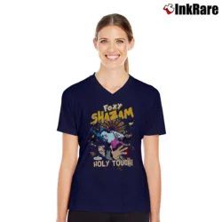 Women’s Foxy Shazam Custom Graphic V-Neck Tee in navy | Chic Neckline, Soft Texture