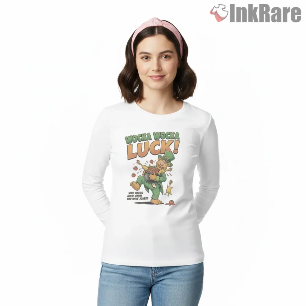 Fozzie Bear Wocka Luck St Patricks Day Funny Shirt on white long sleeve shirt for women graphic tee